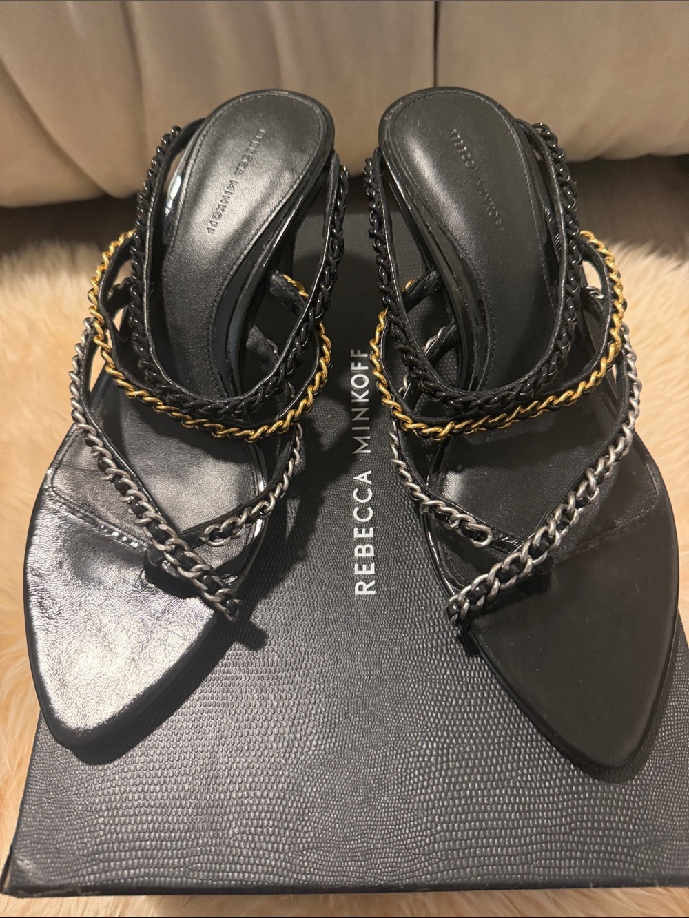 Rebecca Minkoff Leather Black High-Heel Sandals with Gold & Gunmetal Chains
